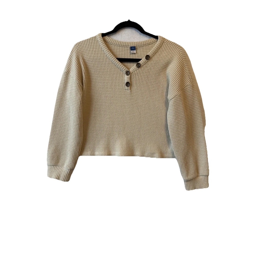 Old Navy Waffle Knit Thermal Henley Long Sleeve Crop Top L Cozy Boho Cottage